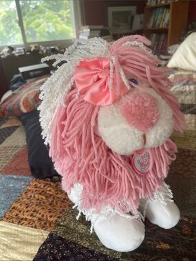 Plush Pink Yarn-Look Poodle Stuffed Animal - Soft Pink & White